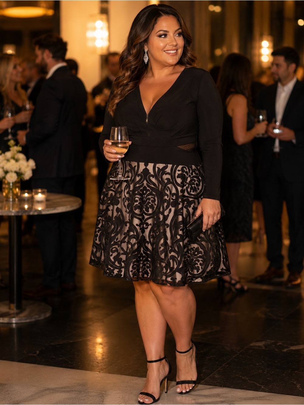 Elegant Black Lace A-Line Skirted Dress - Plus Size